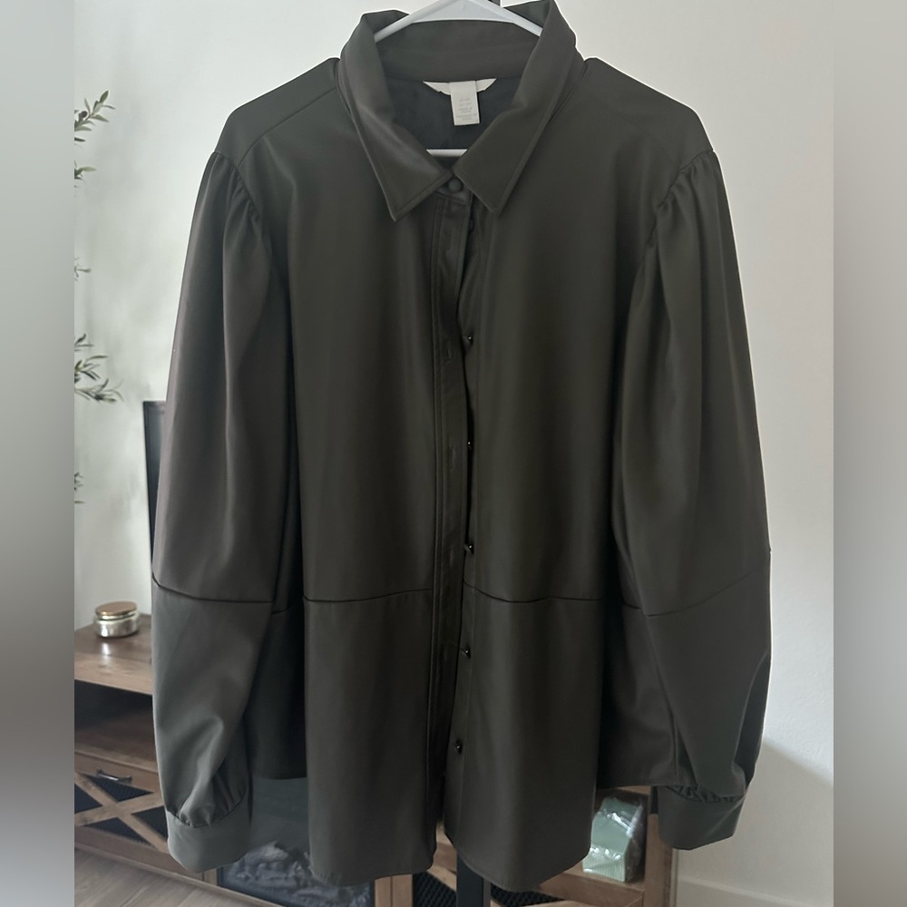 H&M Dark Green Button Down Pleather Shacket